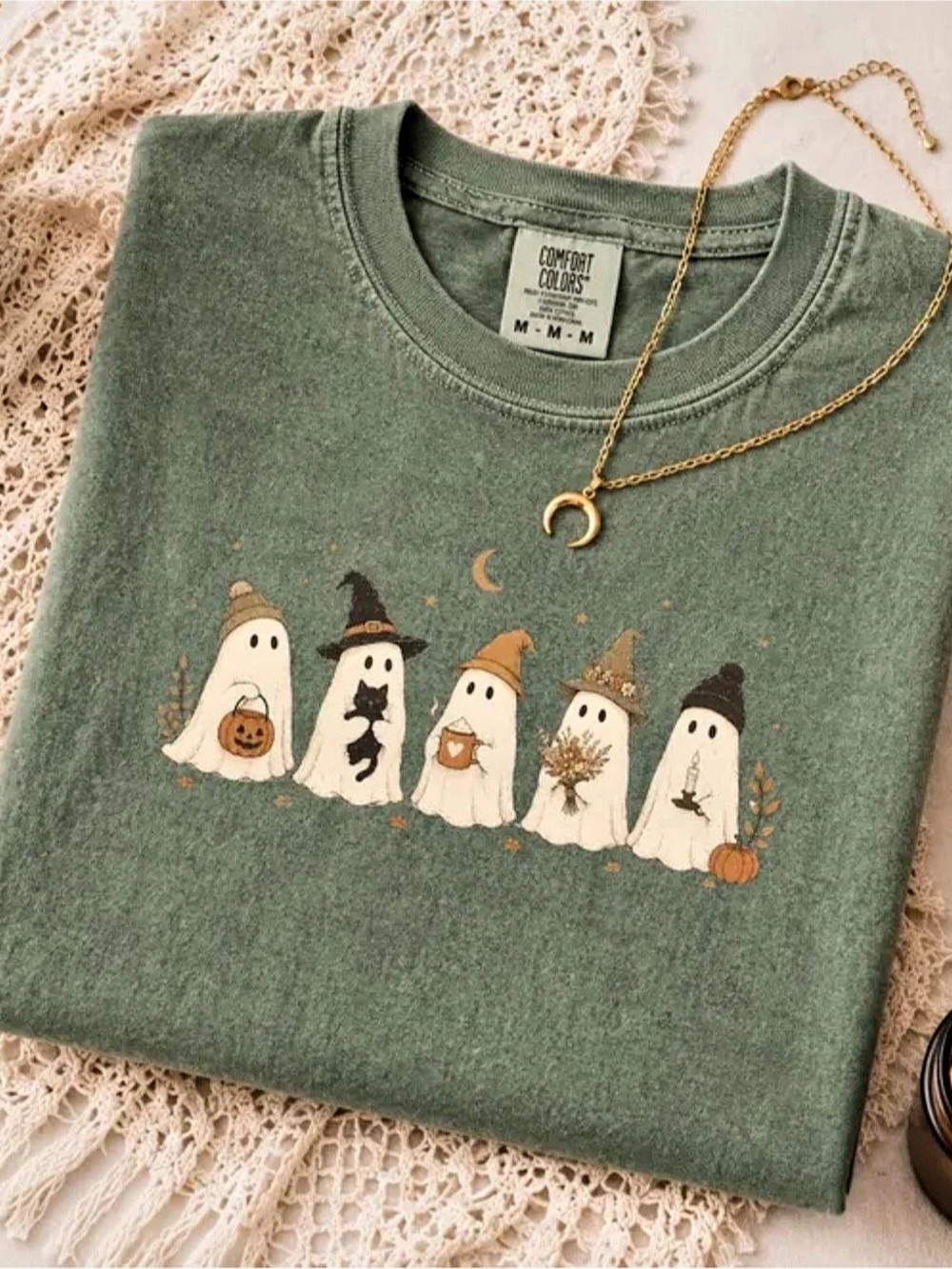 Comfort Colors Ghost Graphic Tee Moss Green & White